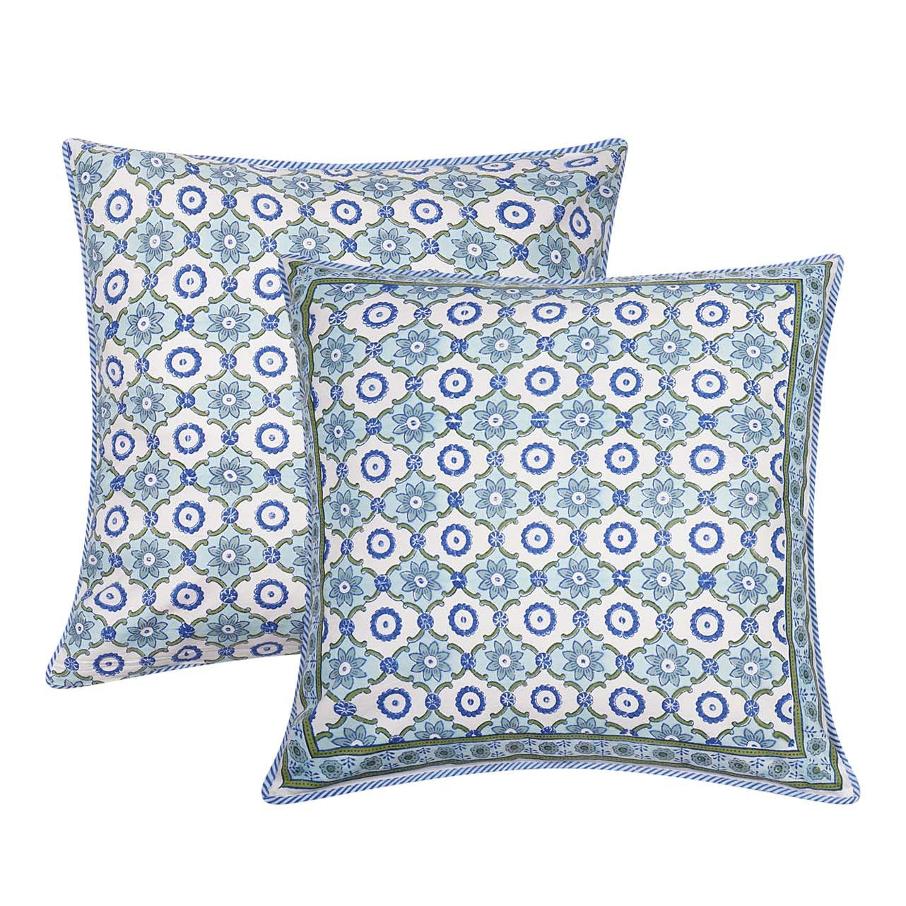 Square block printed Bela Cushion Cover in greens and blues