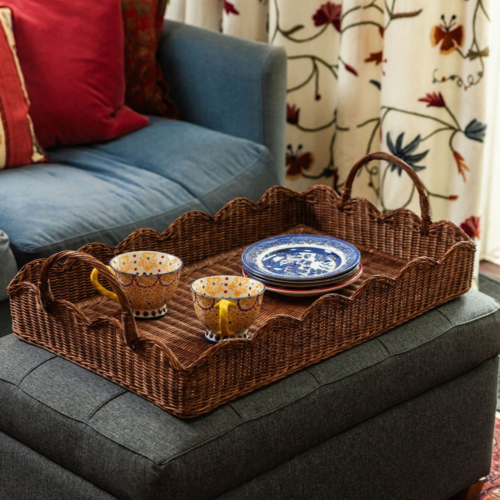 Rattan Scalloped Tray, Large Teak