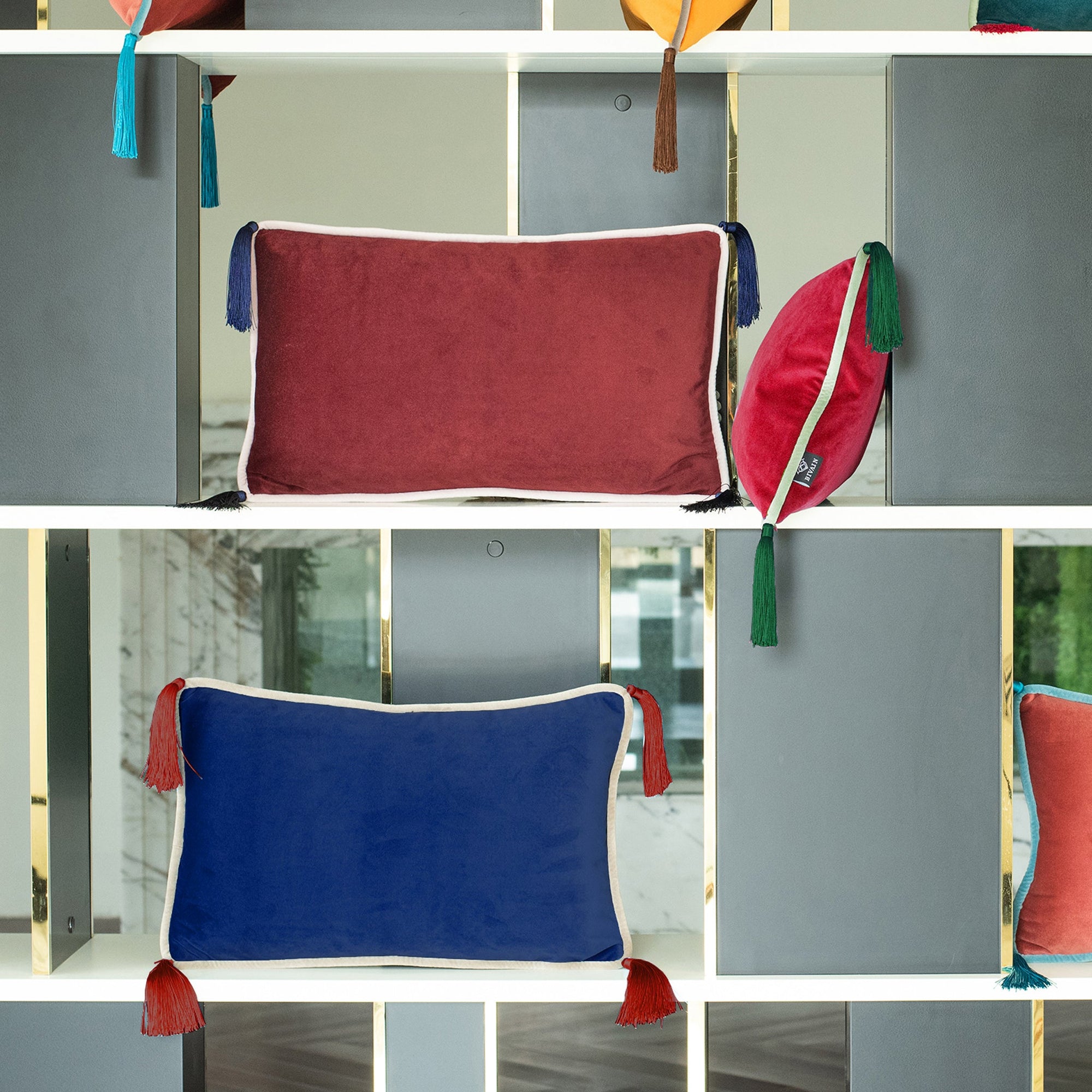Navy Blue Velvet Rectangular Cushion with Tassels