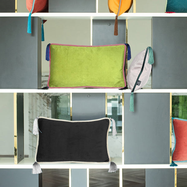 Light Grey Velvet Rectangular Cushion with Tassels
