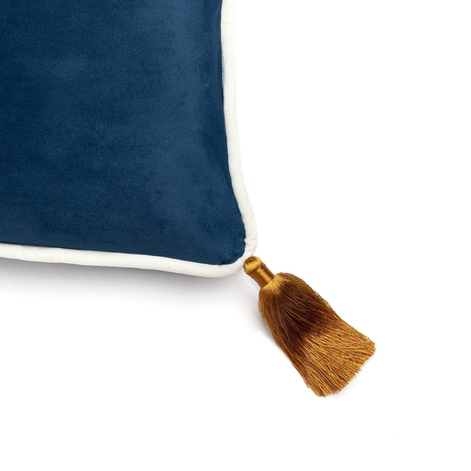 Navy Blue Velvet Rectangular Cushion with Ochre Tassels