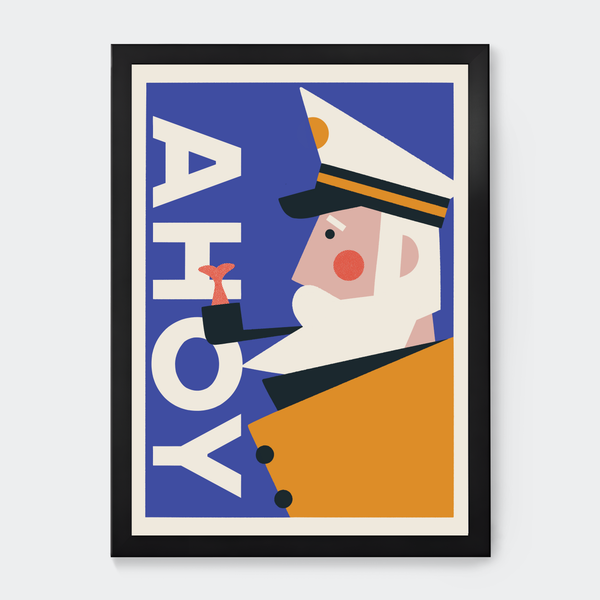 Framed poster with a cartoon sailor and 'Ahoy' text on a blue background. British coast art print. 