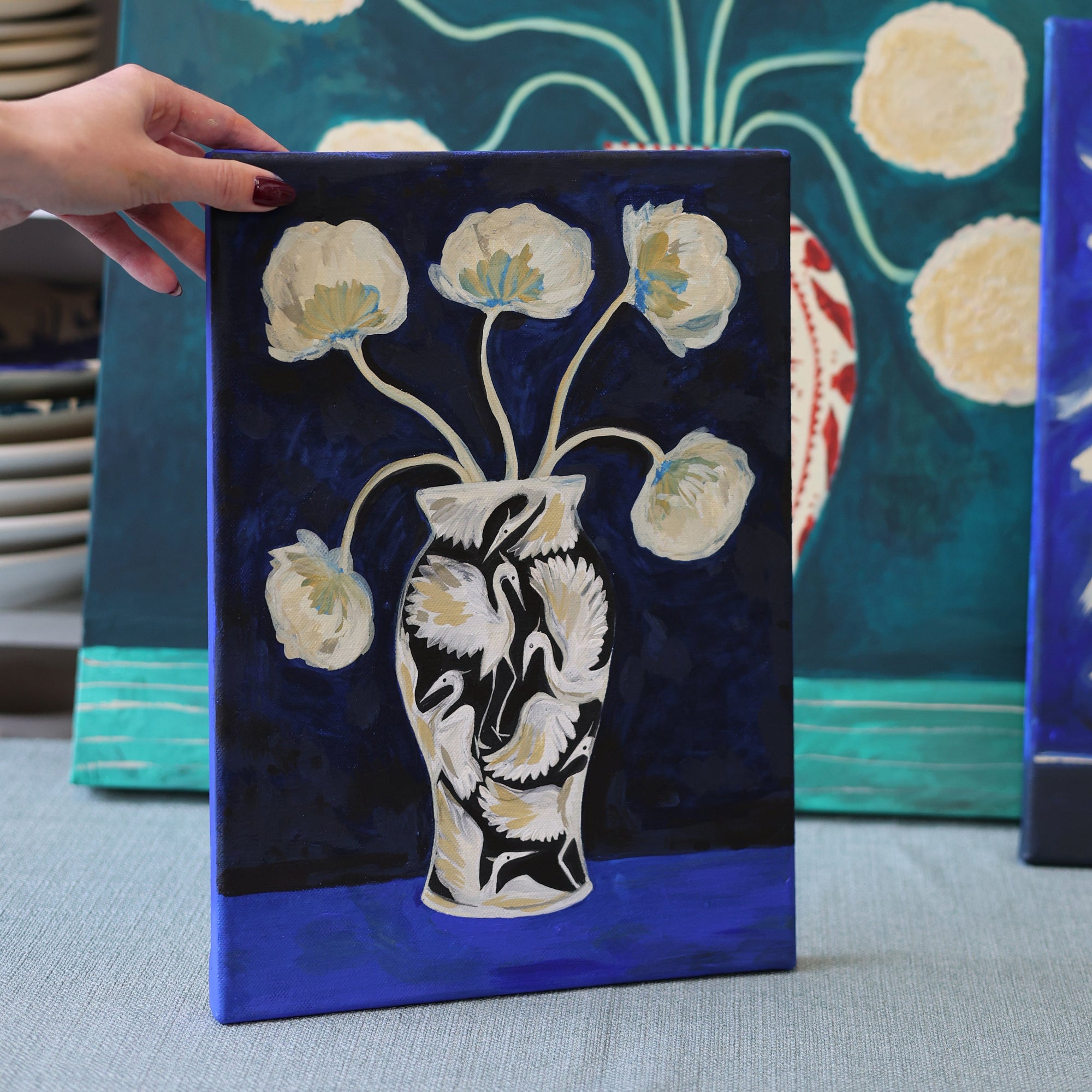 Black Herons Vase - Original Canvas Painting