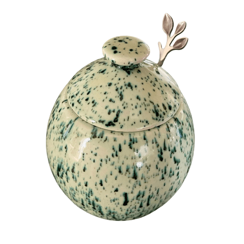 Sugar Bowl with Silver Leafy Spoon Speckled Green Glaze