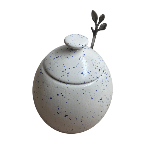 Sugar Bowl with Spoon Light Speckled Blue