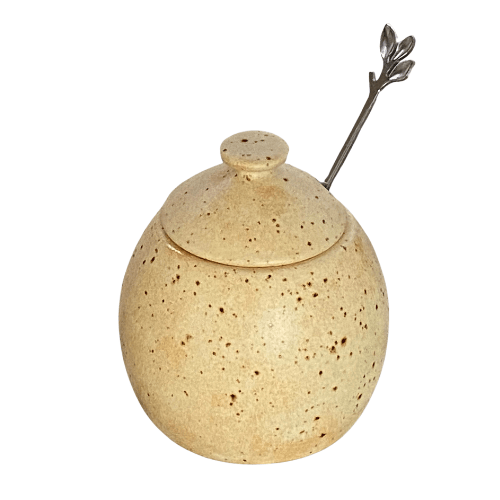 Sugar Bowl, Jam Pot, with Leafy Spoon Oatmeal Glaze