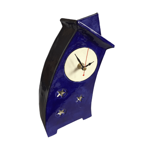 Wonky Ceramic Clock for Desk, Shelf, Mantel, Table royal blue glaze
