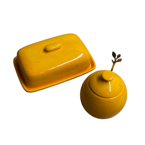 Butter Dish with Sugar Bowl Set - Yellow Speckle Glaze