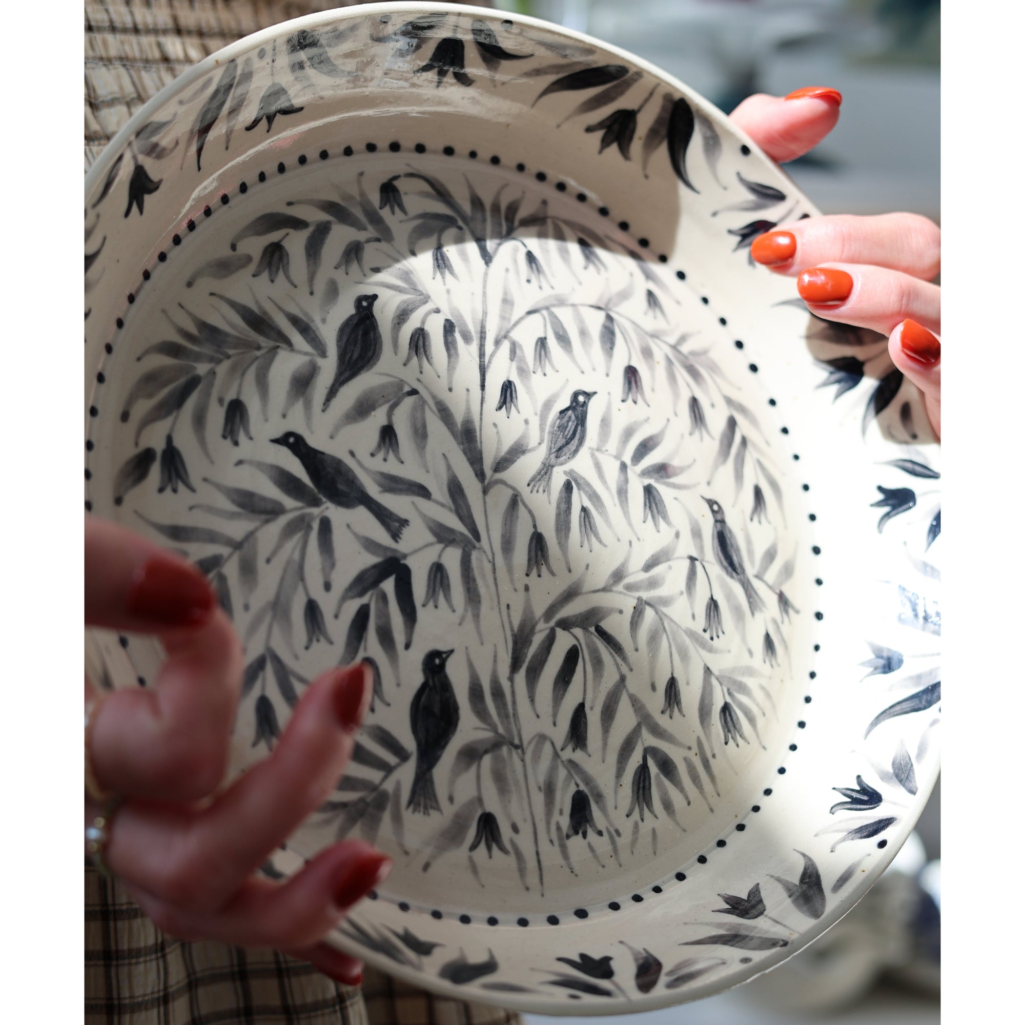 Hand Painted Blackbirds Stoneware Shallow Bowl