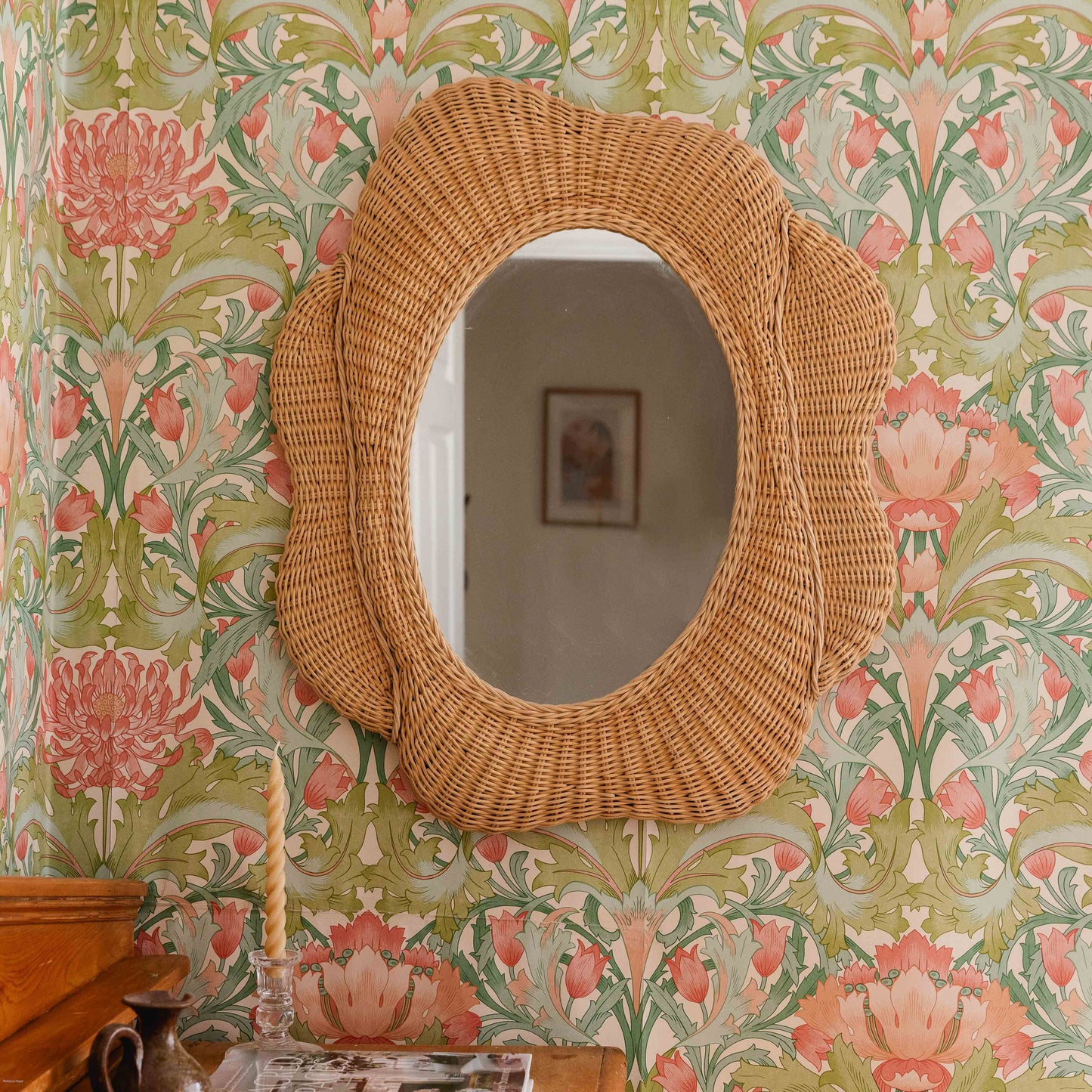 Blossom Rattan Oval Mirror, Teak