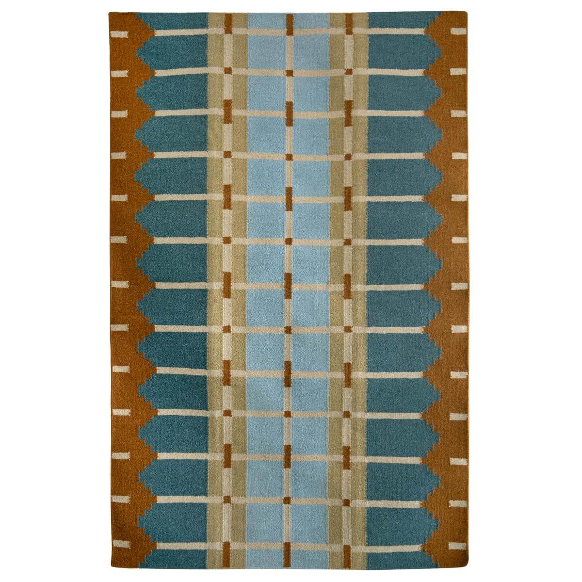 Corbie flatweave wool rug in blue and ochre grid design shown on a white background.