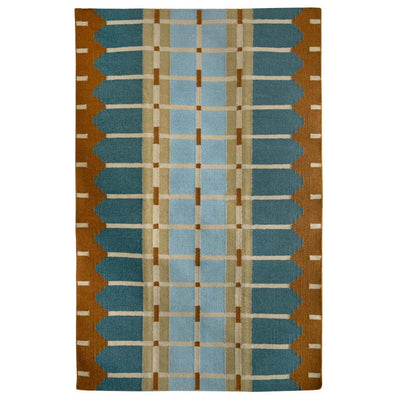 Corbie flatweave wool rug in blue and ochre grid design shown on a white background.