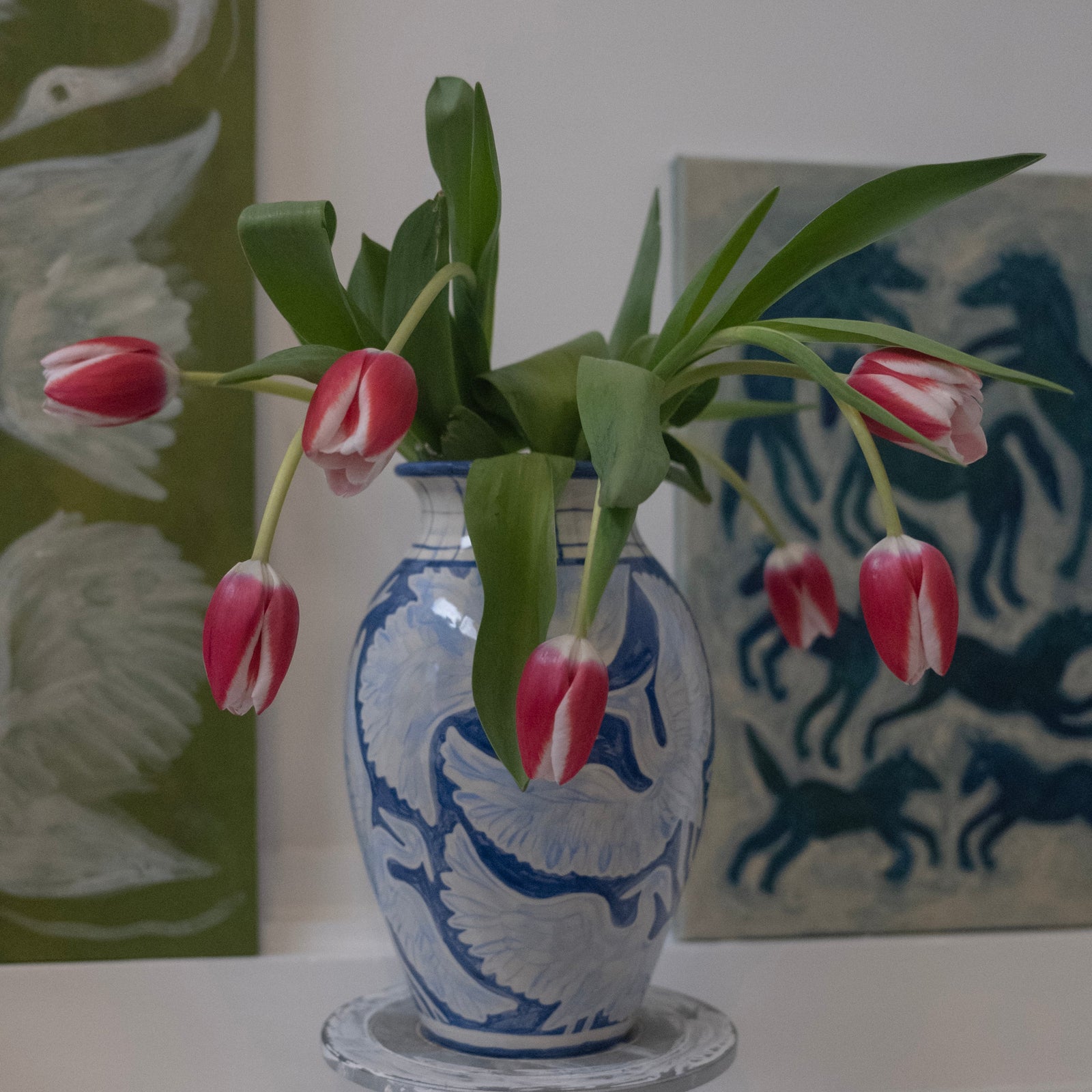 Large Hand Painted Herons Vase - Gingham Blue