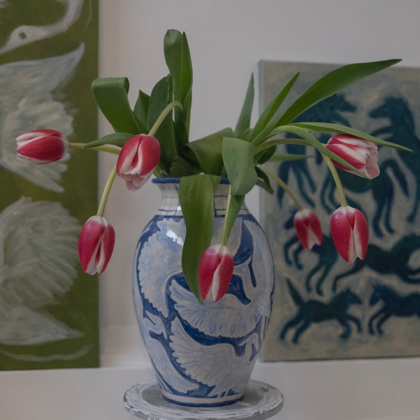 Large Hand Painted Herons Vase - Gingham Blue