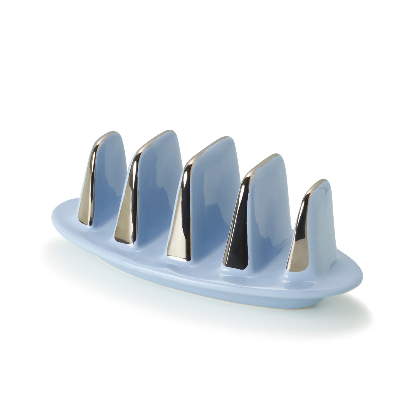 A blue ceramic toast rack with silver chrome accents designed to hold multiple slices of bread.