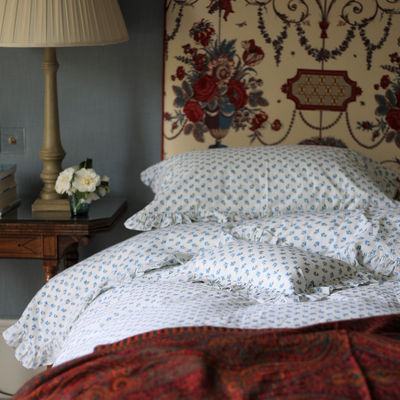 Blue Ditsy Ruffle Floral Cotton Hand Block Printed Duvet Cover
