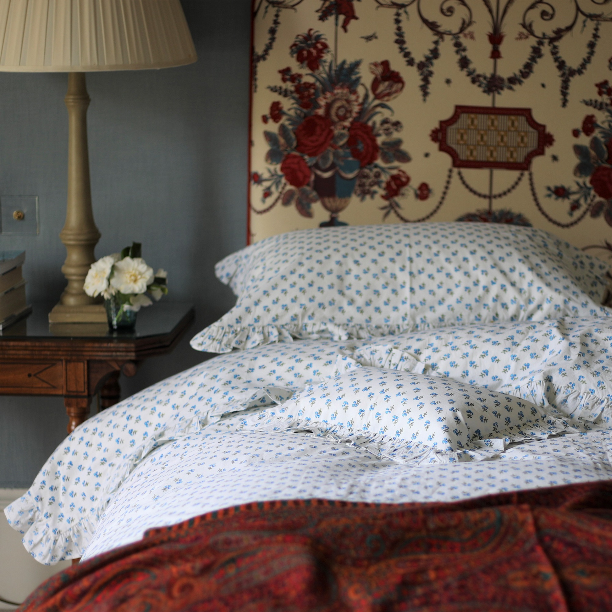 Blue Ditsy Ruffle Floral Cotton Hand Block Printed Duvet Cover