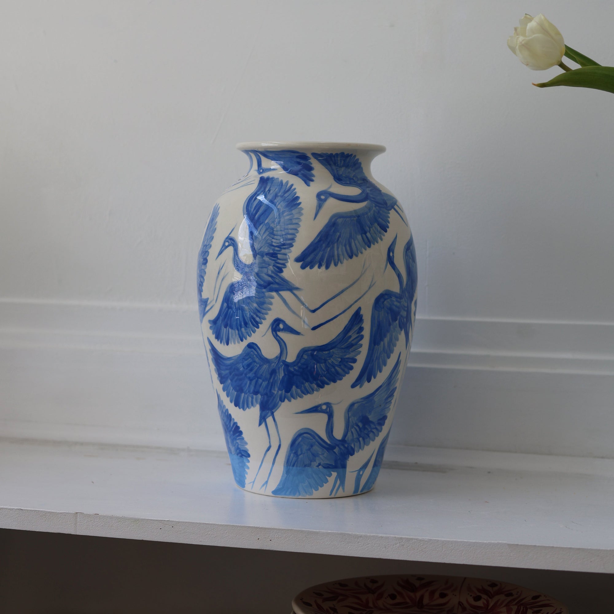XL Bright Blue Herons Vase | Hand-Painted Ceramic Vase