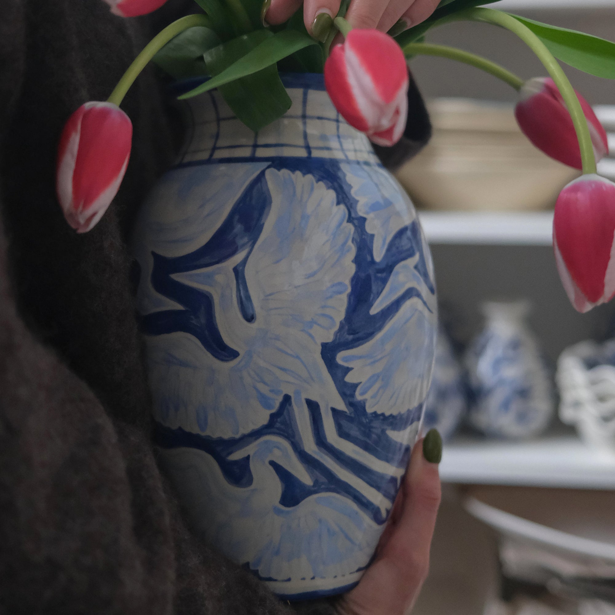 Large Hand Painted Herons Vase - Gingham Blue