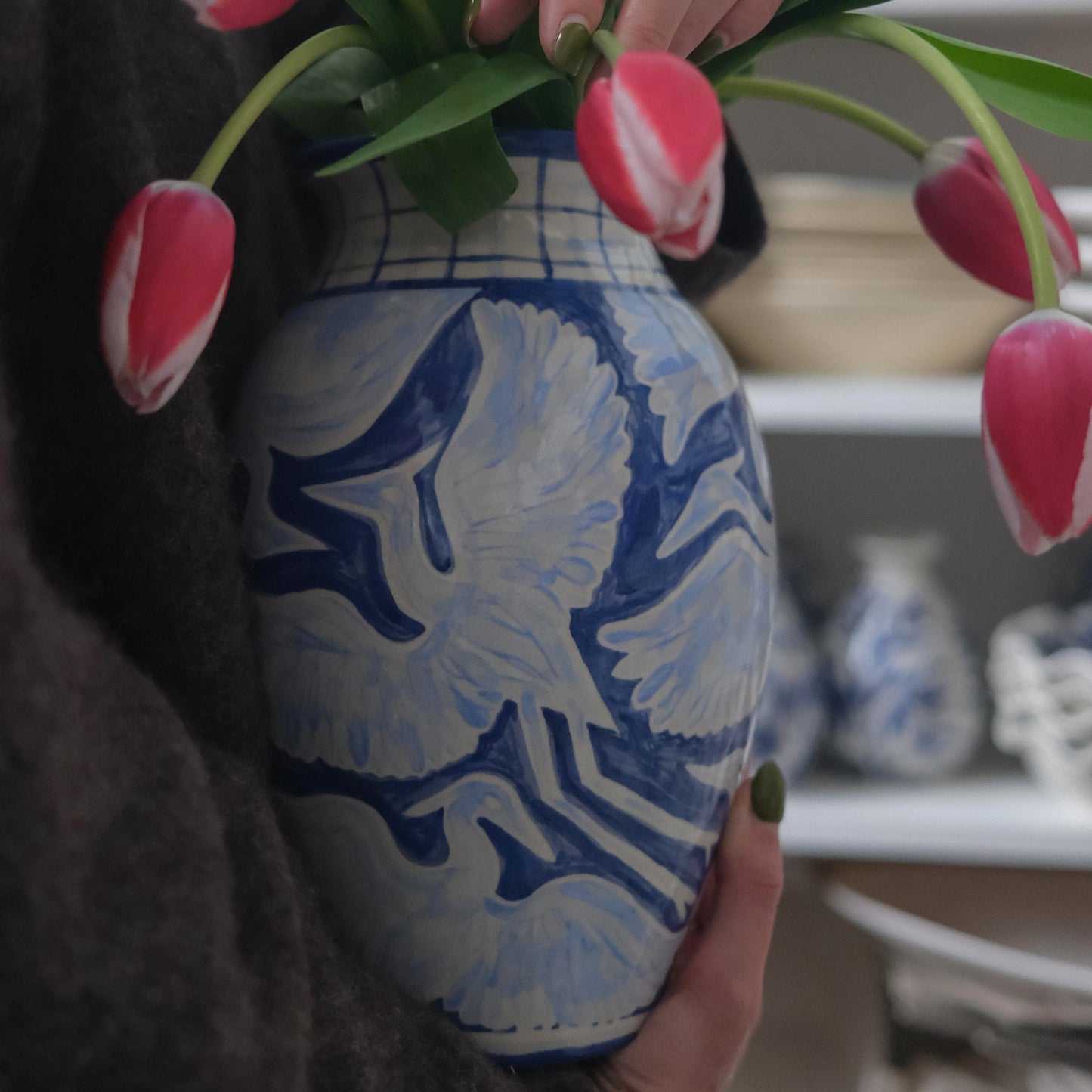Large Hand Painted Herons Vase - Gingham Blue