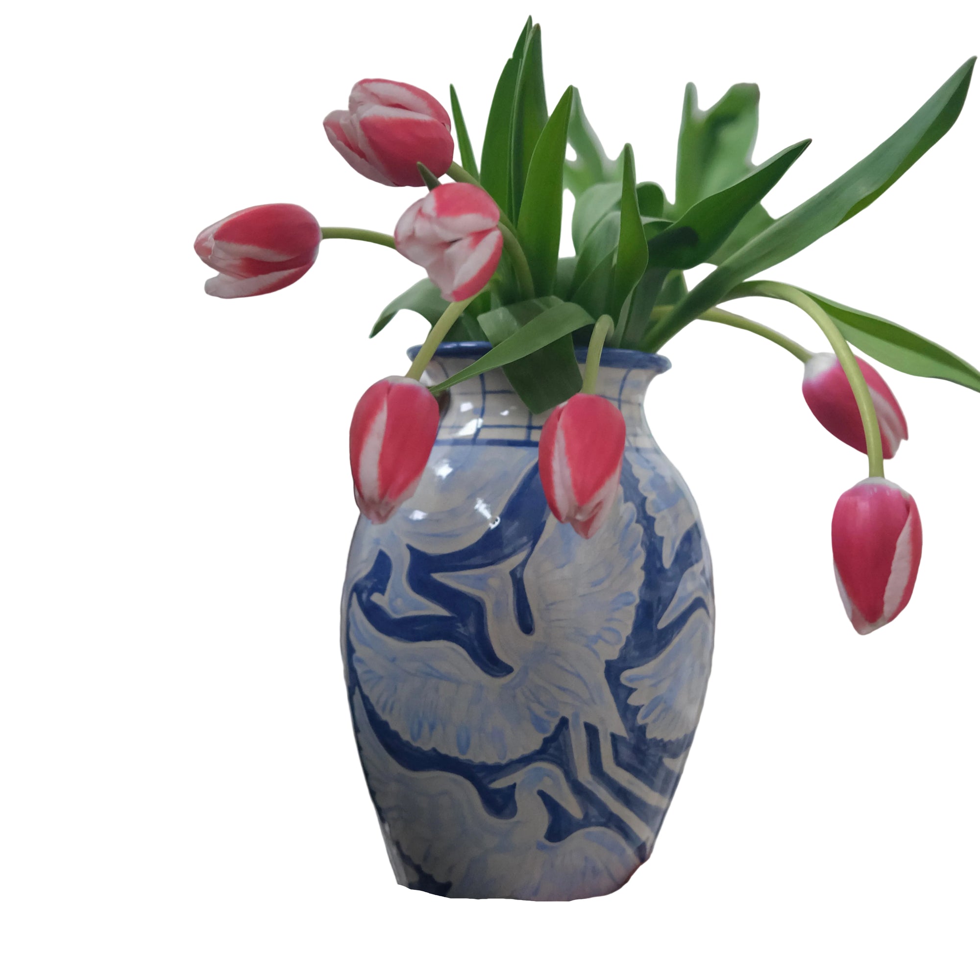 Large Hand Painted Herons Vase - Gingham Blue