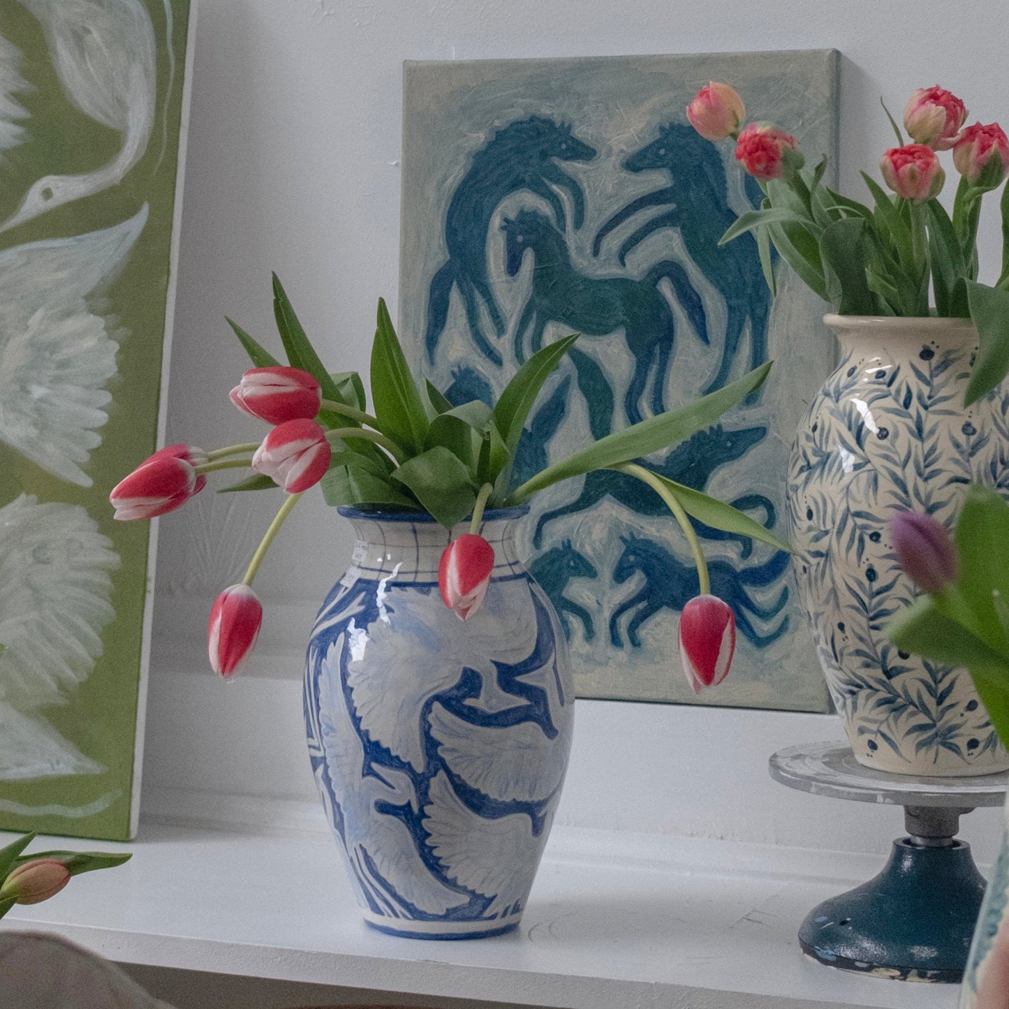 Large Hand Painted Herons Vase - Gingham Blue