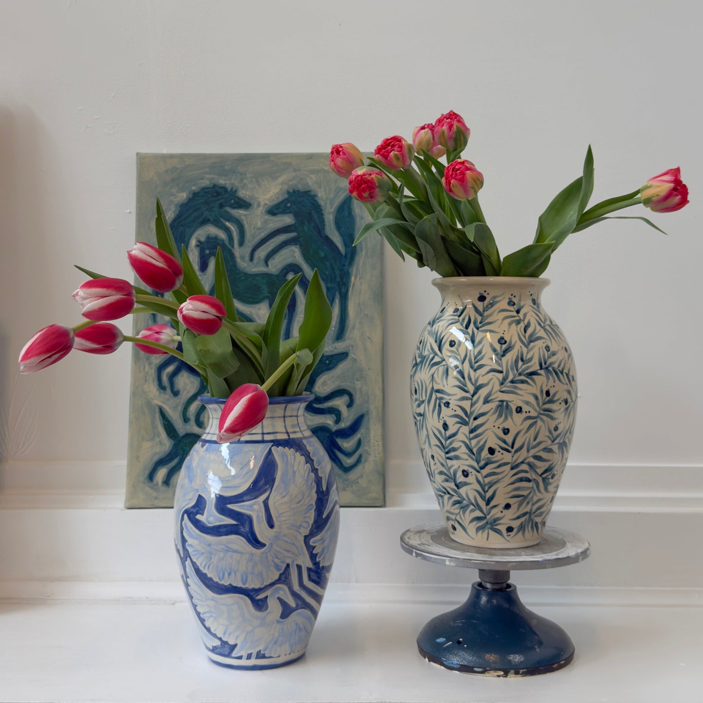 Large Hand Painted Herons Vase - Gingham Blue