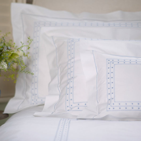 Cotton Blue Matilda Square Pillowcase with hand embroidered design
