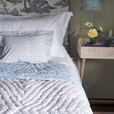Cotton hand block printed blue quilt / bedspread / throw
