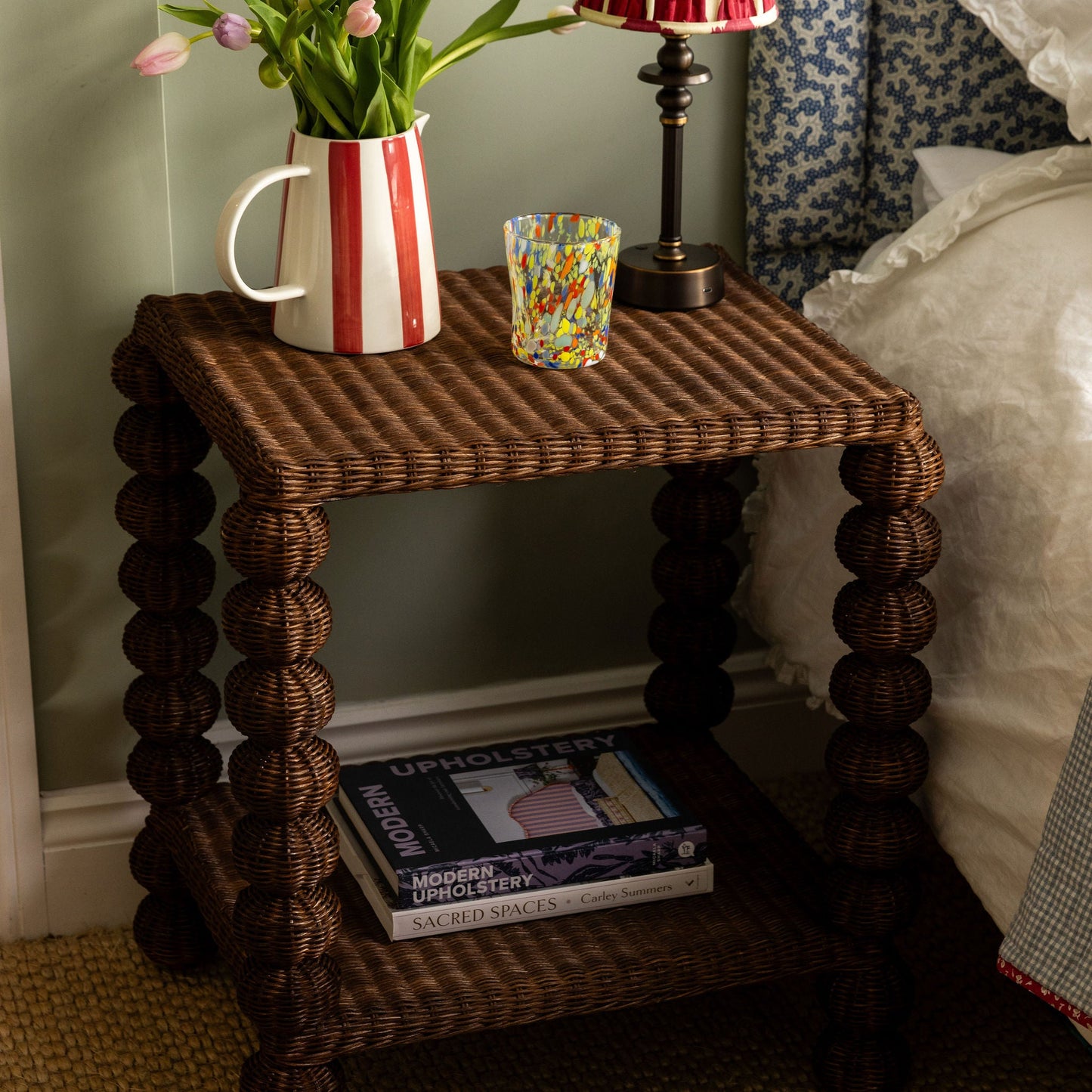 Bobbin Rattan Side Table, Teak