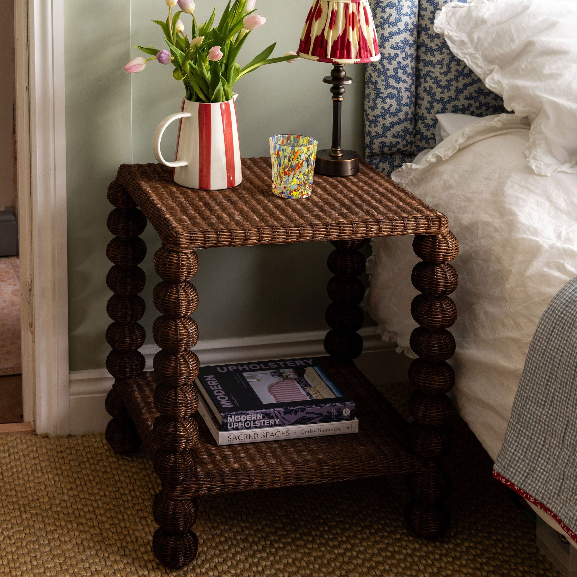 Bobbin Rattan Side Table, Teak