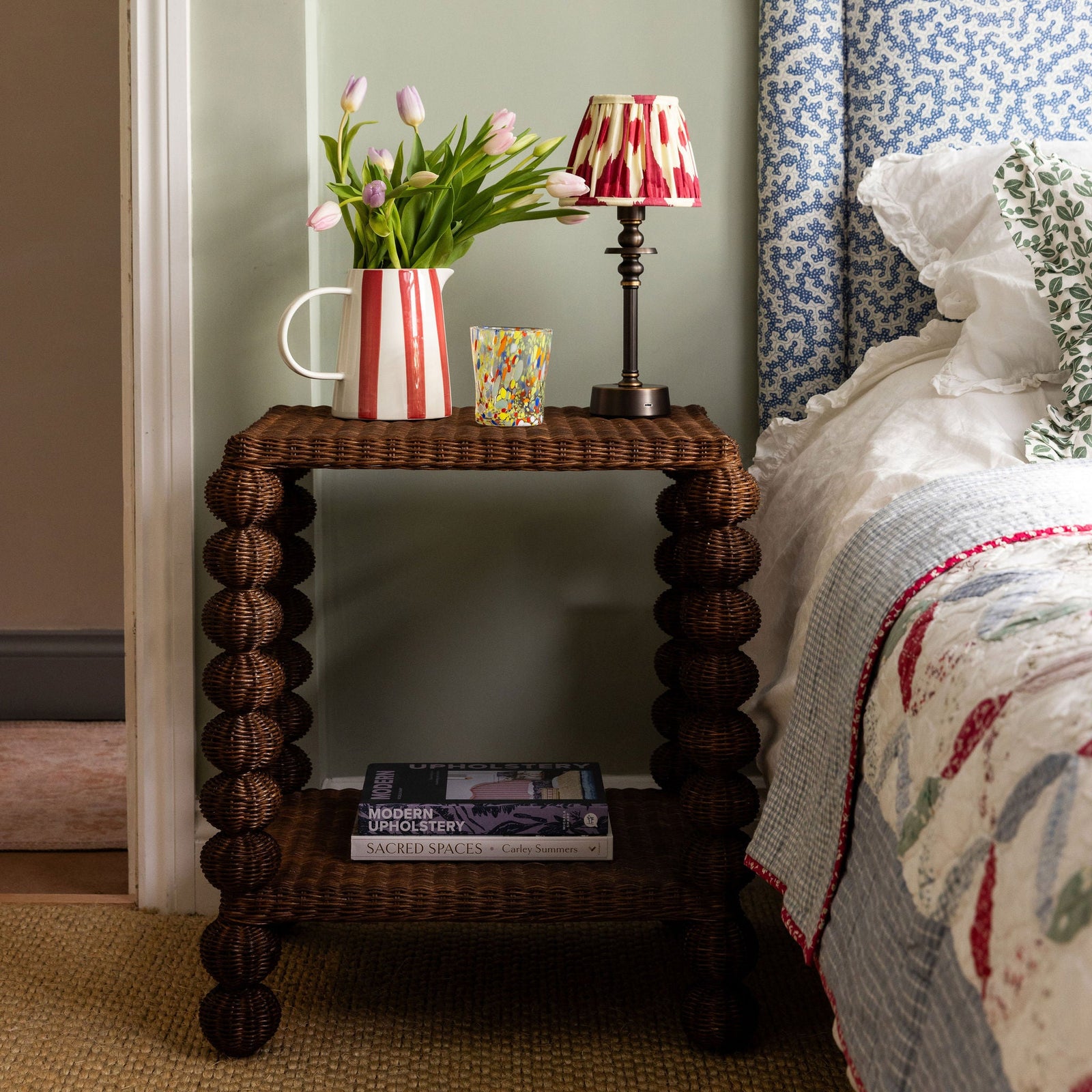 Bobbin Rattan Side Table, Teak