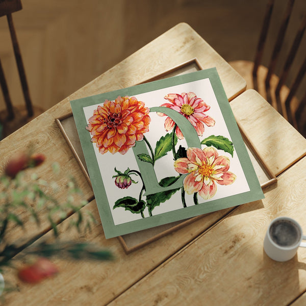Letter D botanical alphabet art print featuring hand-painted Dahlia flowers in sage green and orange
