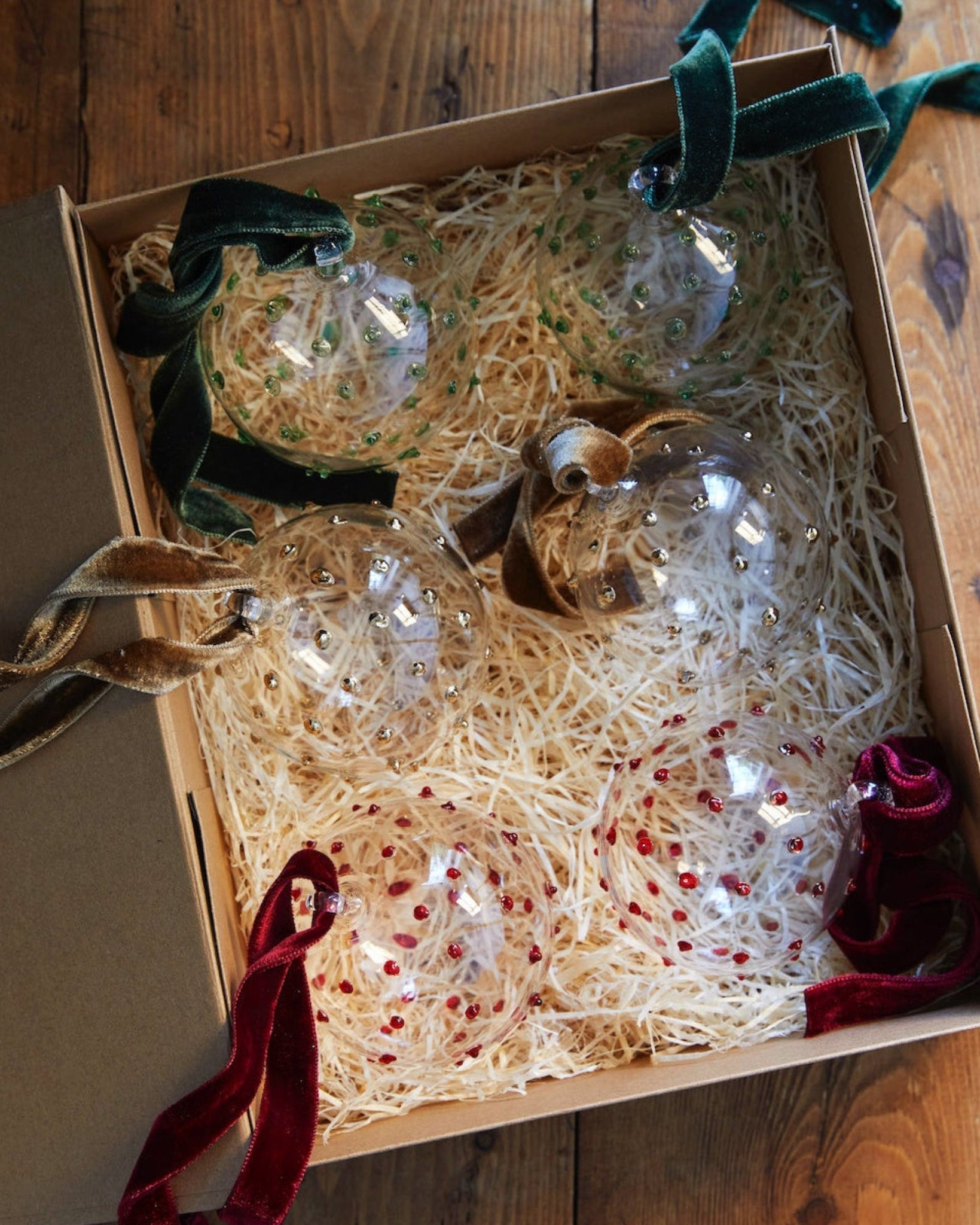 Box of Six Pom Glass Baubles - Mix