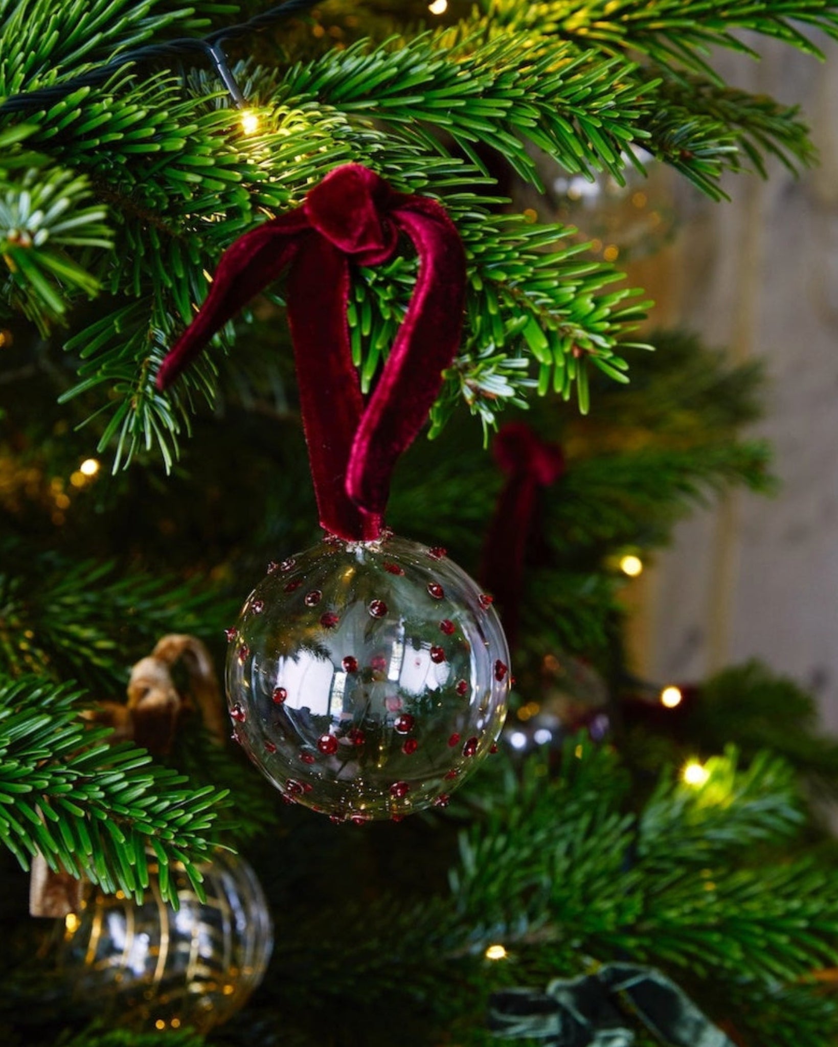 Box of Six Pom Glass Baubles - Red