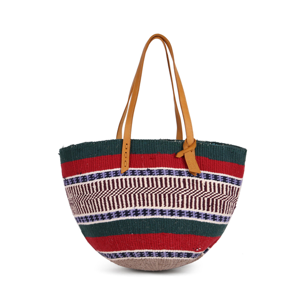HITAJI: Handwoven Dark Green, Red and Maroon Wool Tote Bag
