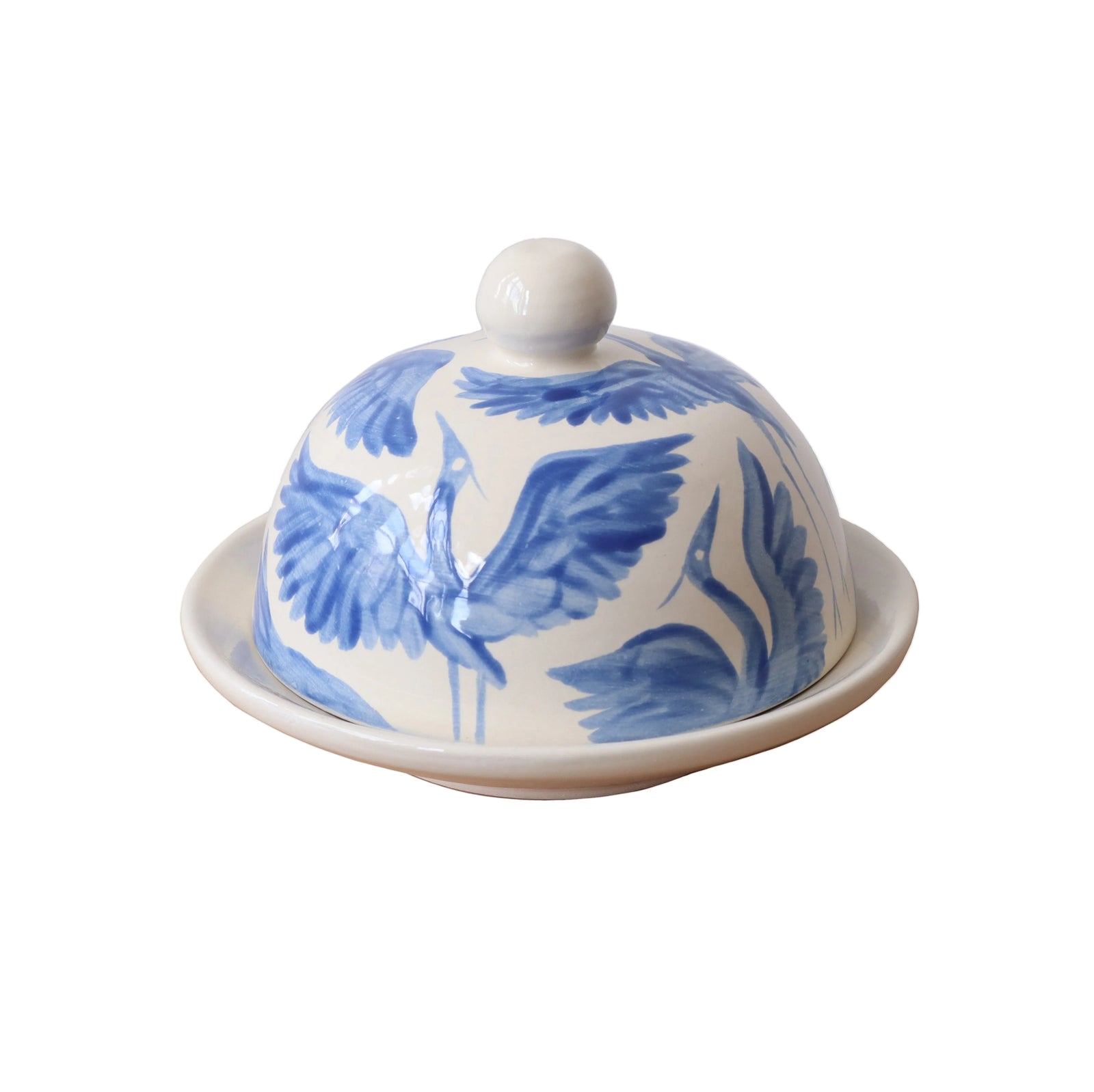 Herons Hand Painted Round Jam Butter Dish - Royal Blue