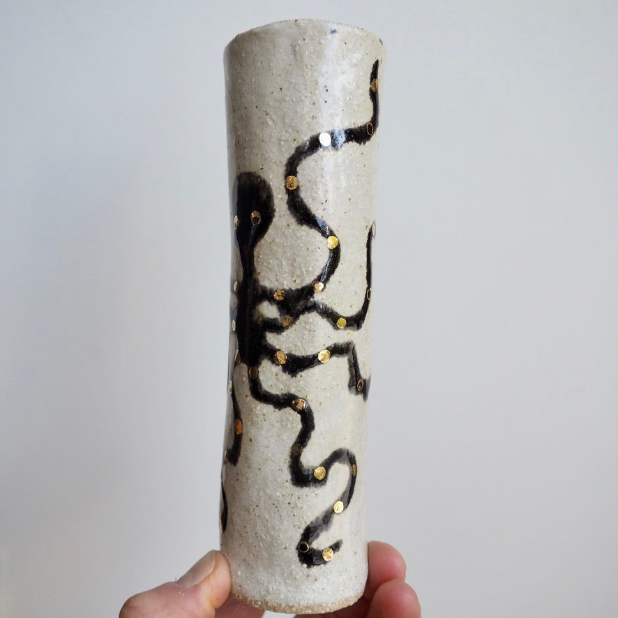 Handmade Pottery Octopus Cylinder Vases With Gold Lustre.
