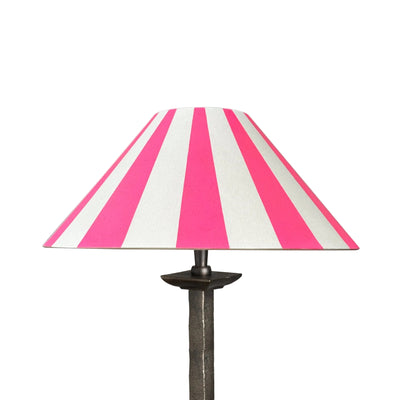 Studio Zef cone lampshade with bold neon pink and cream stripes, a modern geometric lampshade design perfect for colourful lampshade styling and striped lighting interiors.