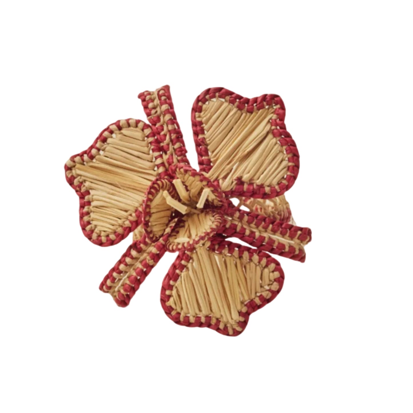 Orquidea napkin ring with a framboise border, handwoven iraca palm, holding a folded napkin
