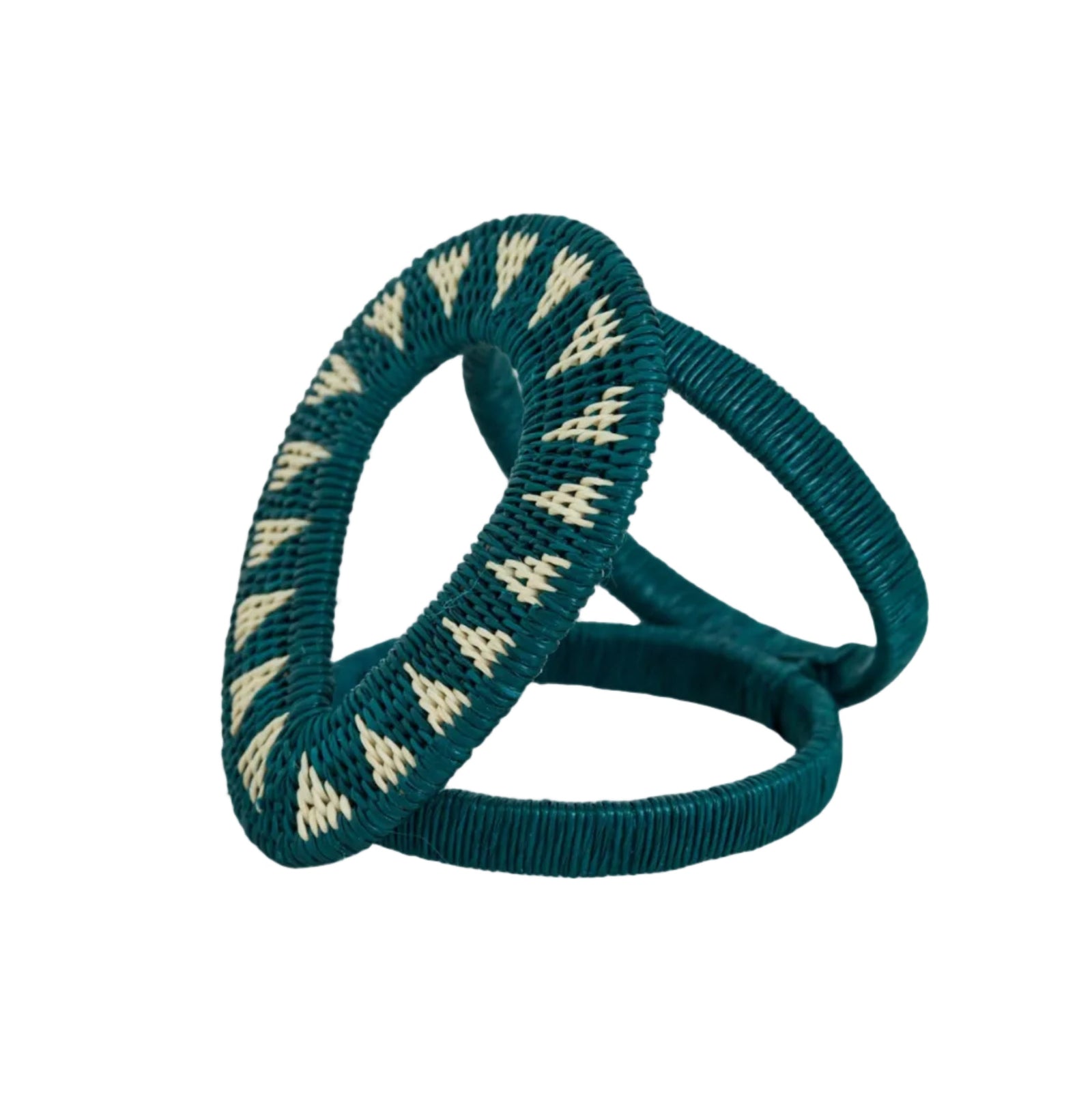 Gota Werregue napkin ring in teal, handwoven werregue palm, holding a folded napkin