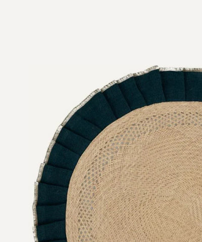 Arandela placemat in teal, close-up of the iraca and linen weave