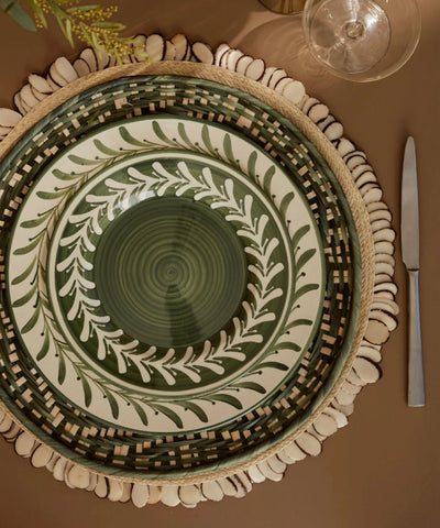 Liliana woven Tetera palm charger, green and white pattern