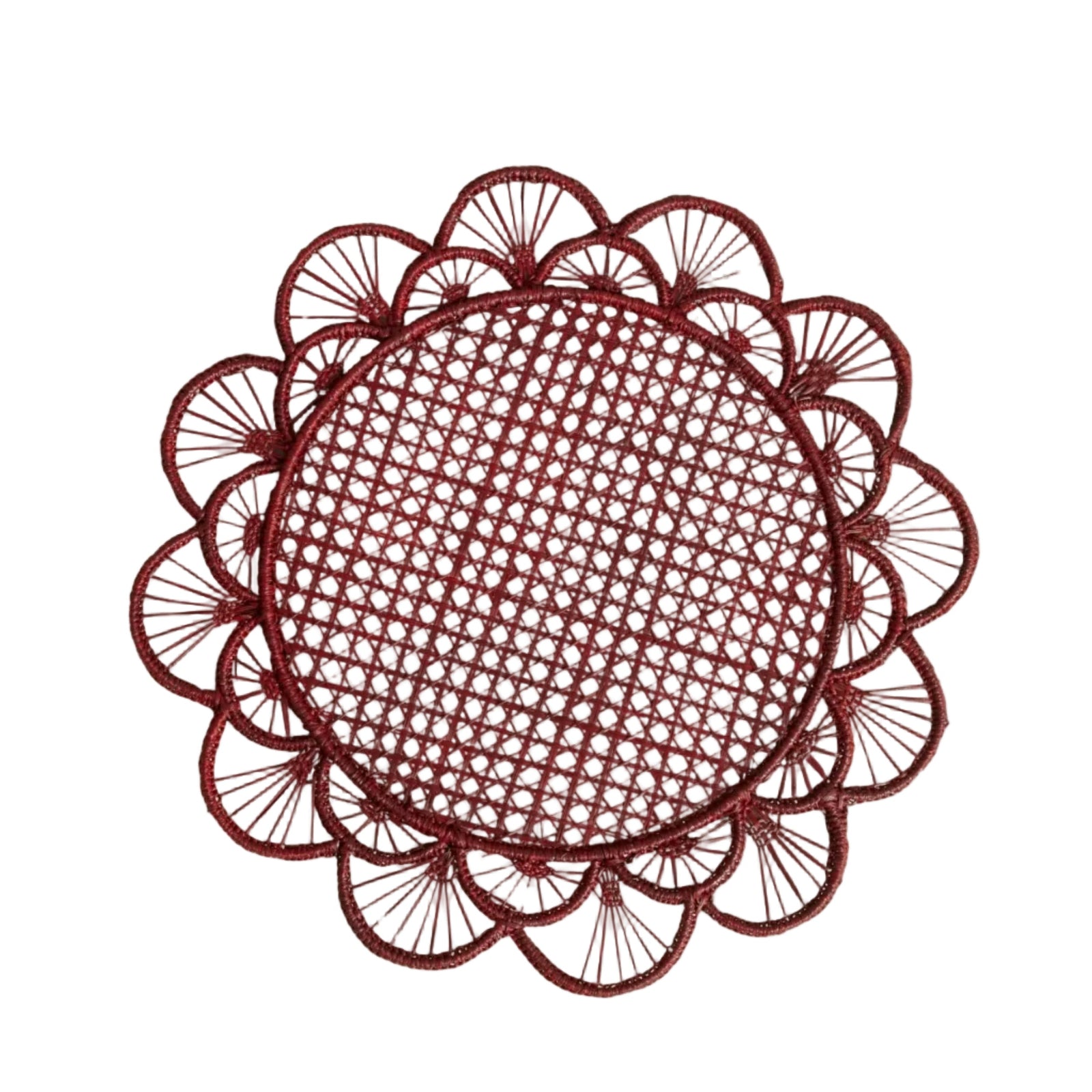 Margarita placemat in marsala, handwoven iraca palm, styled on a table