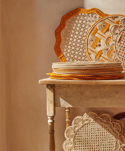Deco geometric placemat in mustard, close-up of the iraca palm weave