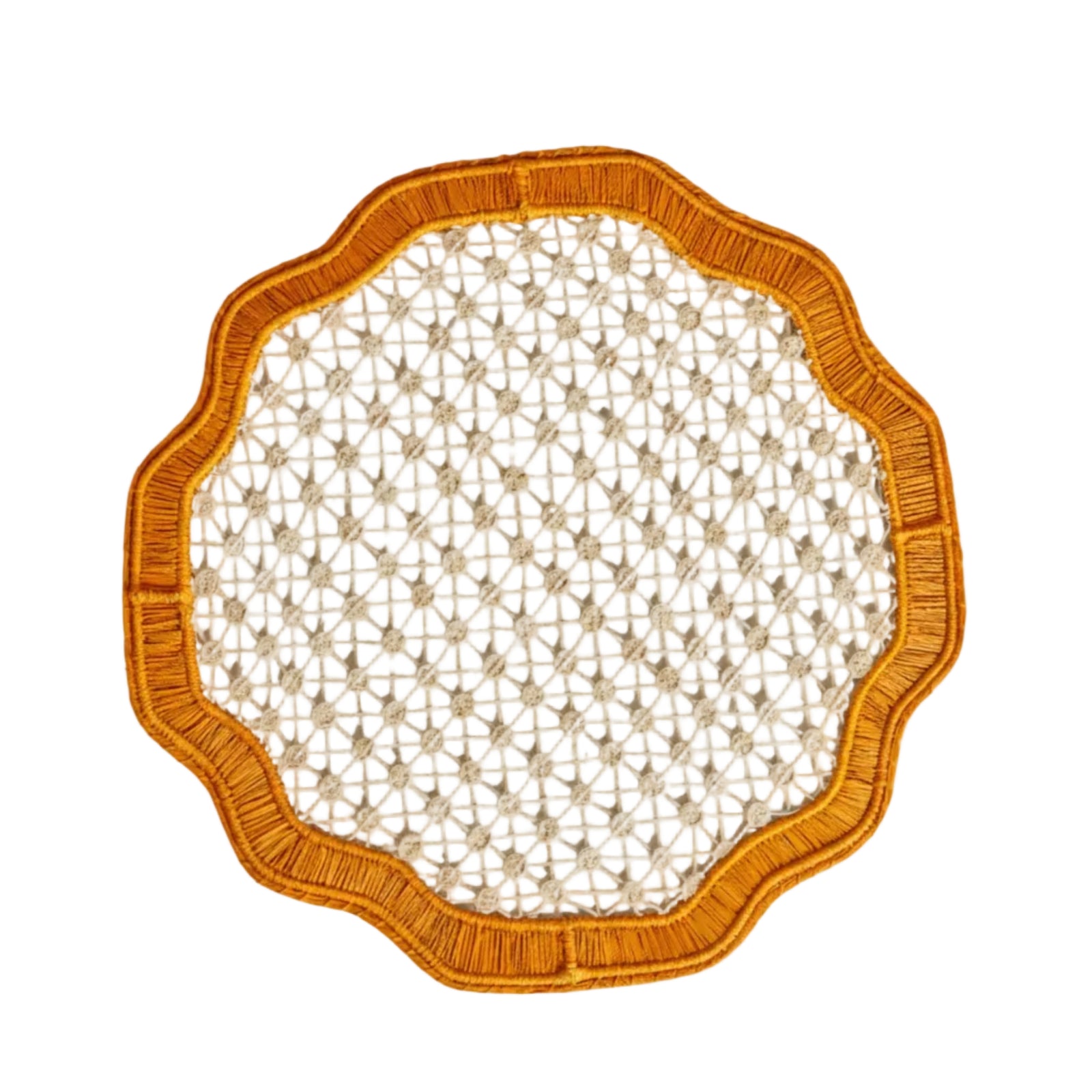 Deco geometric placemat in mustard, handwoven iraca palm, styled on a table
