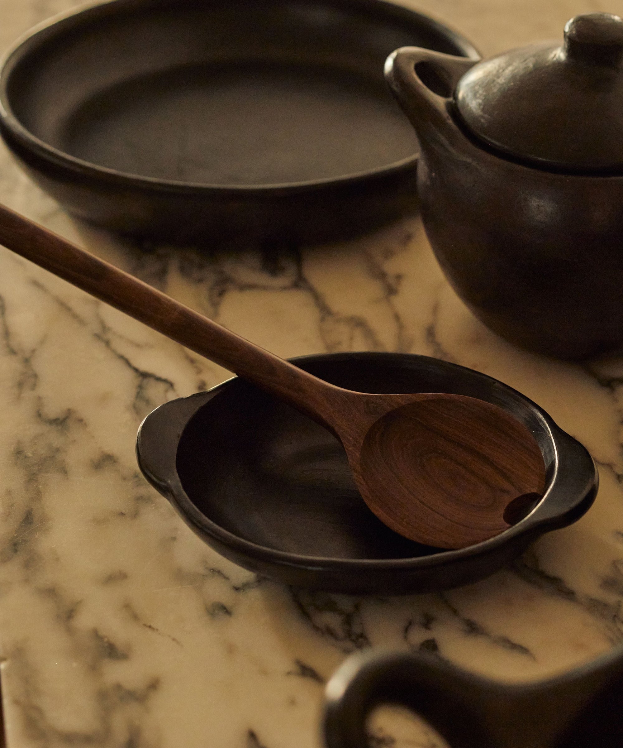 Lara hand-carved wood salad servers, dark wood