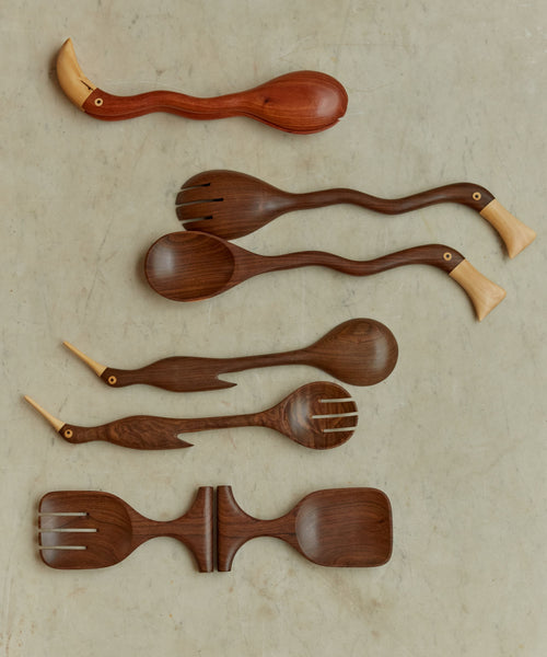 Garza and Lara Whale salad servers together - hand-carved tropical hardwood, Guadalupe, Venezuela