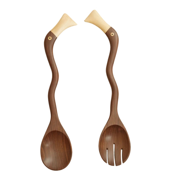 Garza salad servers - hand-carved heron-motif tropical hardwood, Guadalupe, Venezuela
