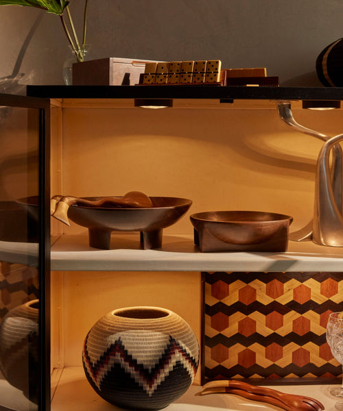 New Moon Lara bowl shown with the Lara Marquetry Tray (Ebano) - hand-carved wood, Guadalupe, Venezuela